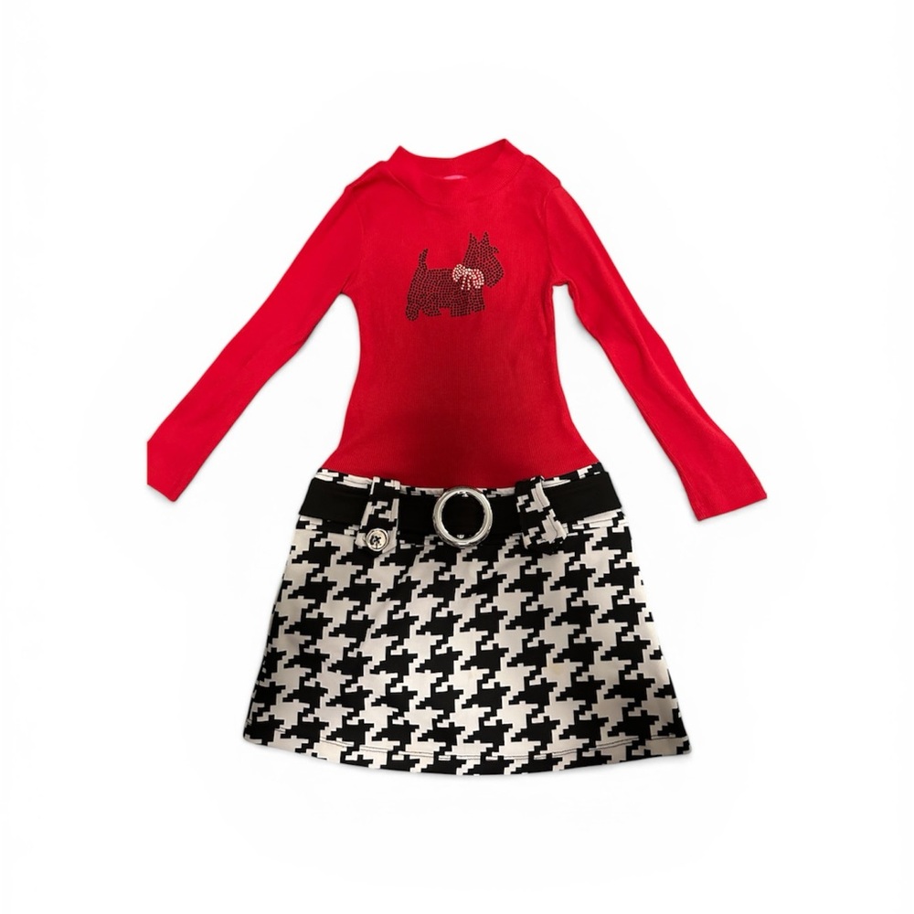 Girls Dress Red Knit Top with Black & White Houndstooth bottom